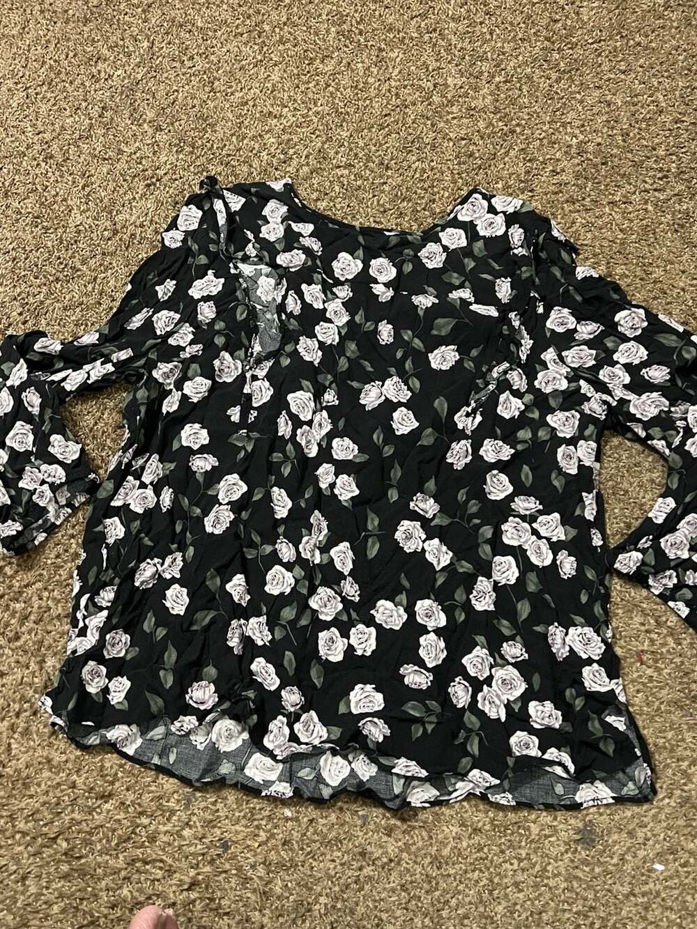 LOFT Outlet Black Floral Rose Print Ruffle Long Sleeve Blouse Size XL